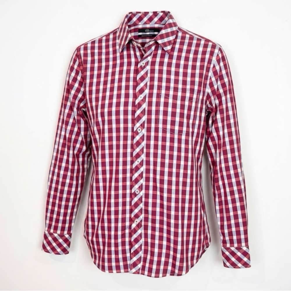 N&M COLLECTION RED GRAY WHITE PLAID LONG SLEEVE BUTTON FRONT SHIRT MENS MEDIUM
